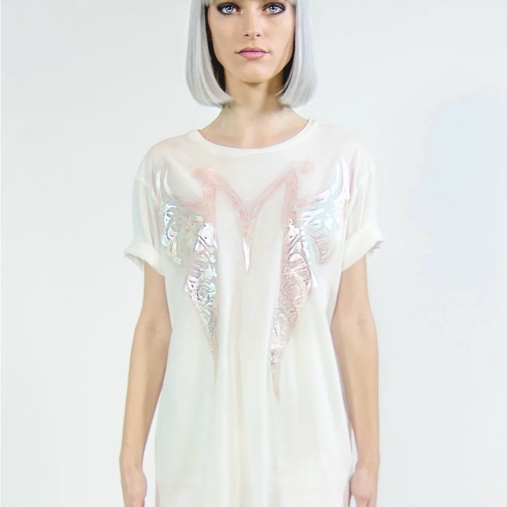 MILA FARGO MF Luxury Designer T-SHIRT “MF SPLIT RIBCAGE” Chrome Hologram NEW!